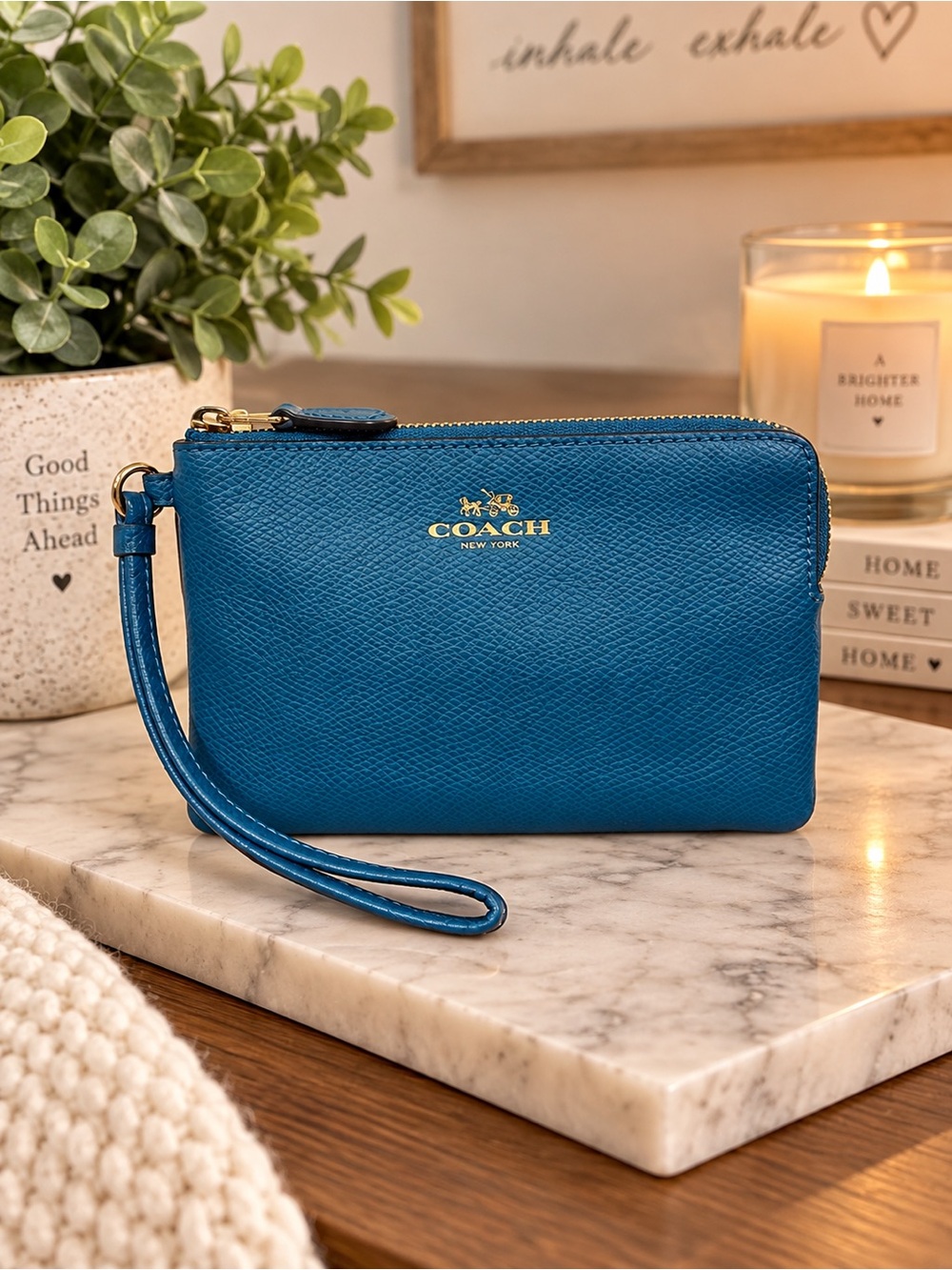 Coach Teal Blue Leather Corner Zip Wristlet